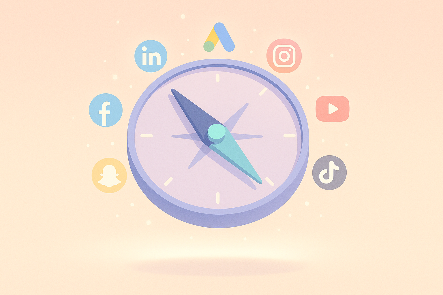 Boussole entourée des logos des principales plateformes publicitaires : Google Ads, Meta, LinkedIn, Instagram, YouTube, TikTok, Snapchat