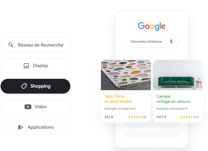 Choix du type de campagne dans Google Ads et aperçu d’annonces Shopping