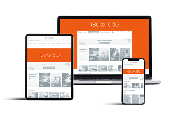 Les formats publicitaires leboncoin en situation : habillage 1800 × 1000 sur ordinateur, bannière 1024 × 250 sur tablette et 480 × 70 sur mobile
