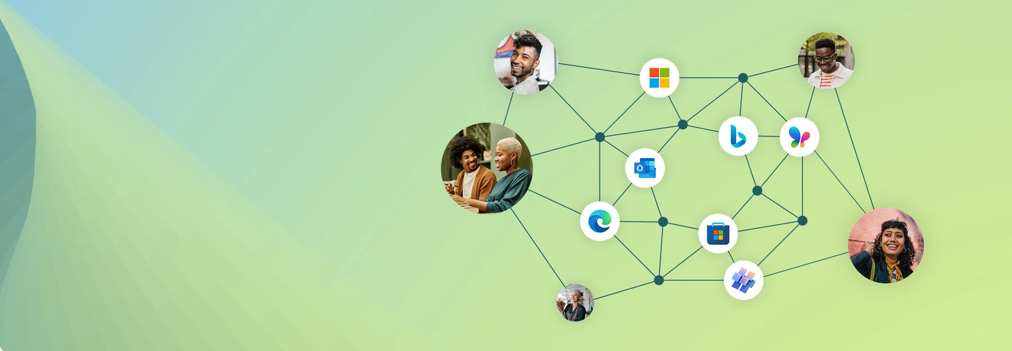 L&rsquo;écosystème Microsoft Advertising : les logos de Bing, Edge, Copilot, Outlook et Windows reliés par des traits à des profils d&rsquo;utilisateurs, illustrant les surfaces où les annonces peuvent s&rsquo;afficher.
